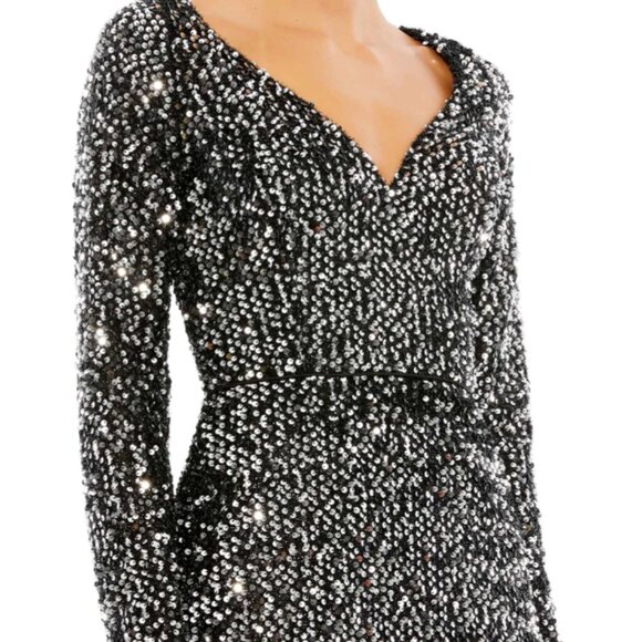 MAC DUGGAL 26445 LONG SLEEVE SEQUIN BLACK SILVER GOWN sz 10 - Picture 3 of 5